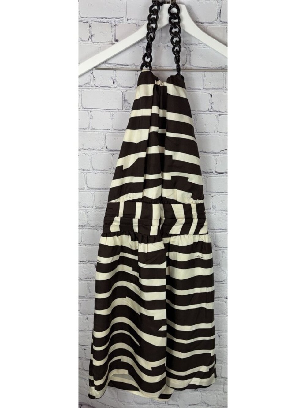 MILLY of NEW YORK Size 4 Brown Cream Striped Halter Dress Silk Chain Link Neck